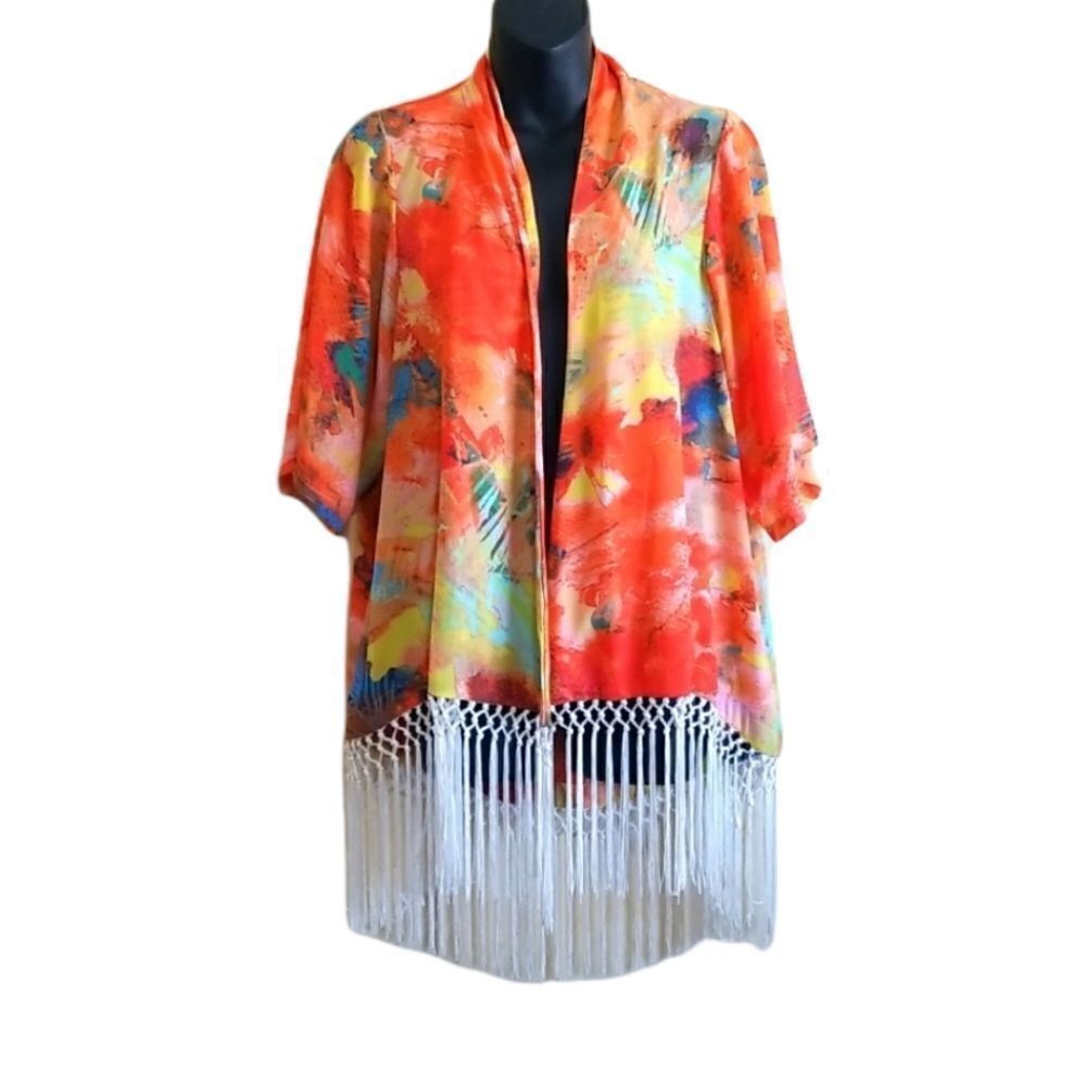 GB Orange Multicolored Kimono Fringe  Cardigan size Small